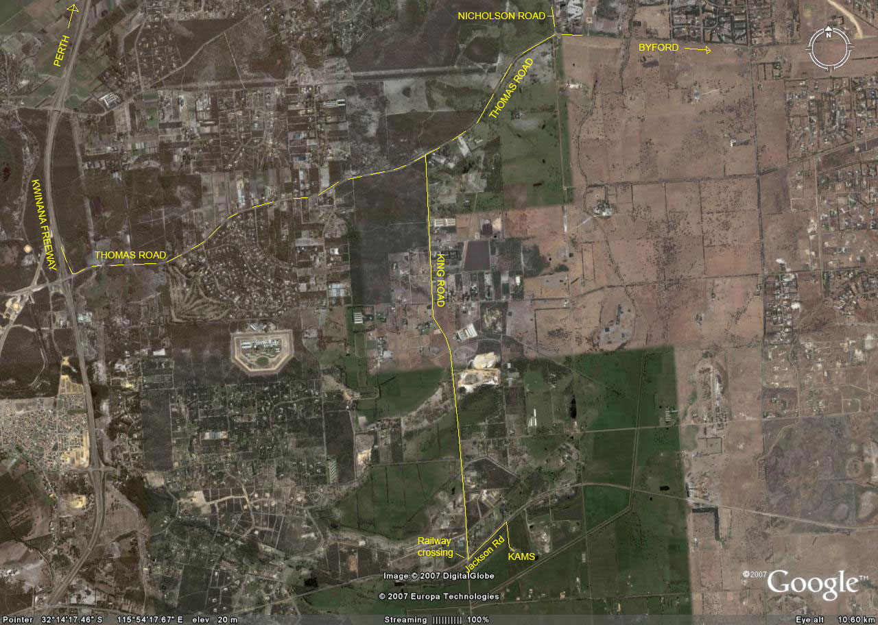 Google Earth view of roads to KAMS field. Click on image for larger scale. 